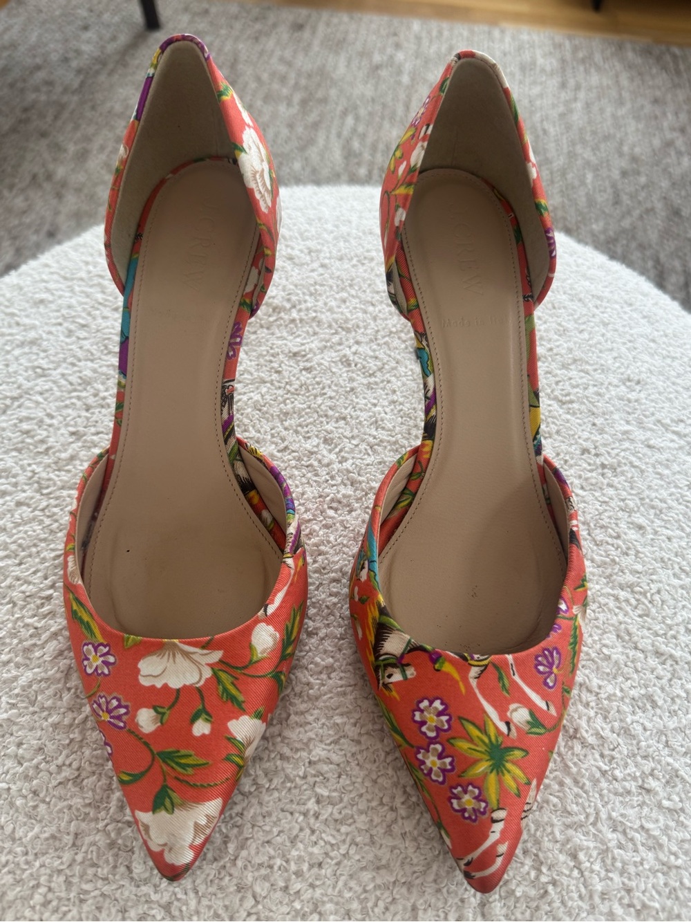 J. Crew Coral Floral Pointed-Toe D'Orsay Silk Heels made in Italy
